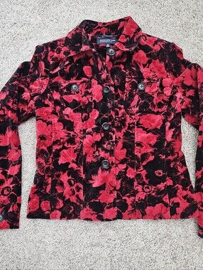 Jones New York Signature Red Black Floral Jacket Cotton Velvet 6P
